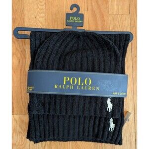 Polo Ralph Lauren Mens Black Wool Blend Ribbed Beanie Scarf 2 Piece Gift Set NWT